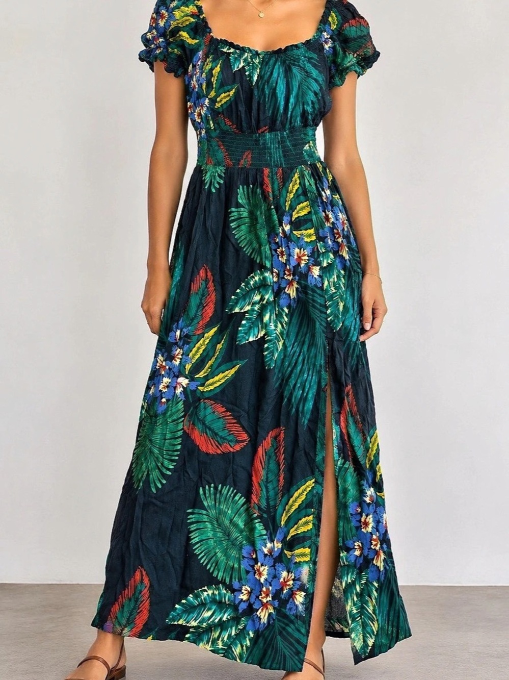 Patrons of Peace Windward Tropical Floral Print High Slit Maxi Dress Maxi Dress